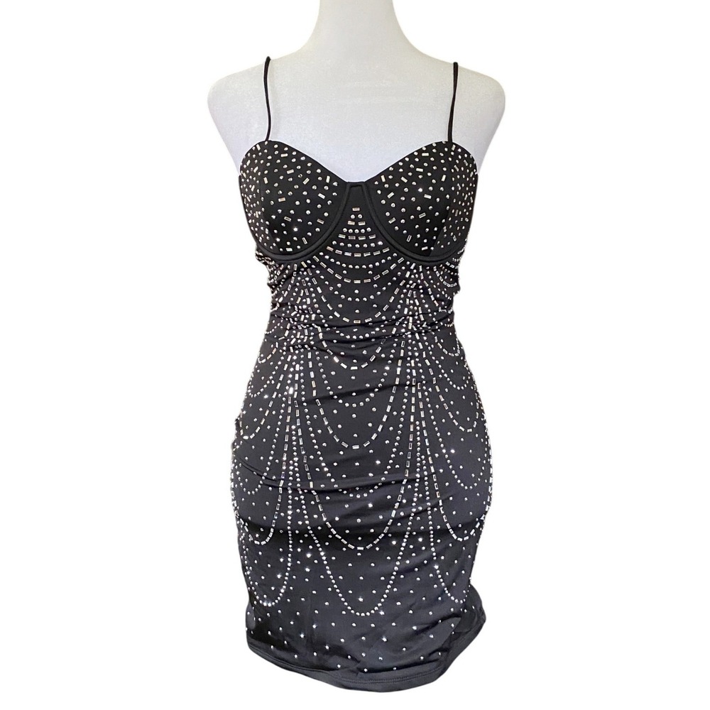 Windsor Rhinestone Embellished Bodycon Black Mini Dress Medium Rave Club Party